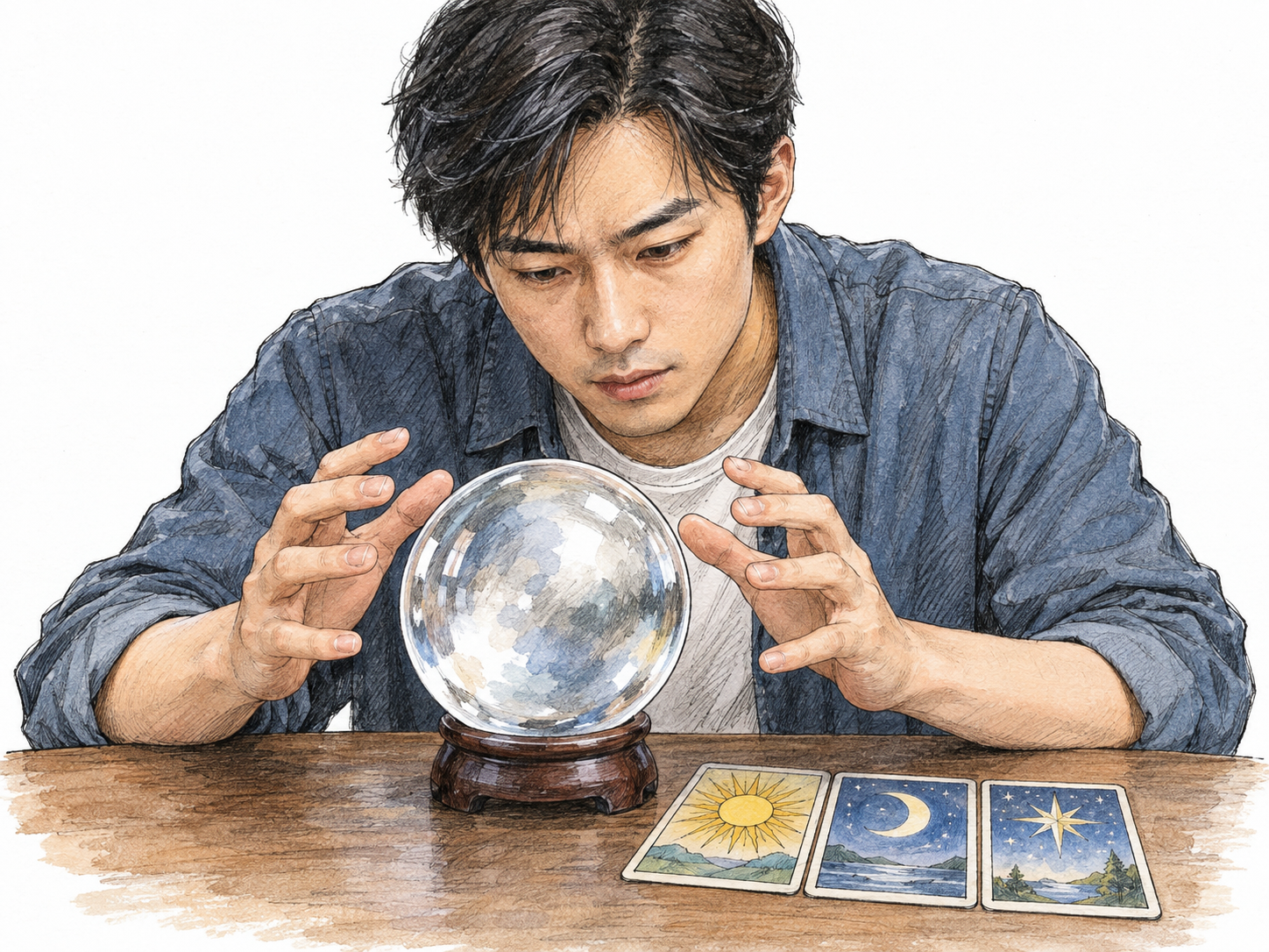A contemporary diviner intently studies a crystal ball, with his hands poised around it and a small spread of pictorial tarot cards on the table.