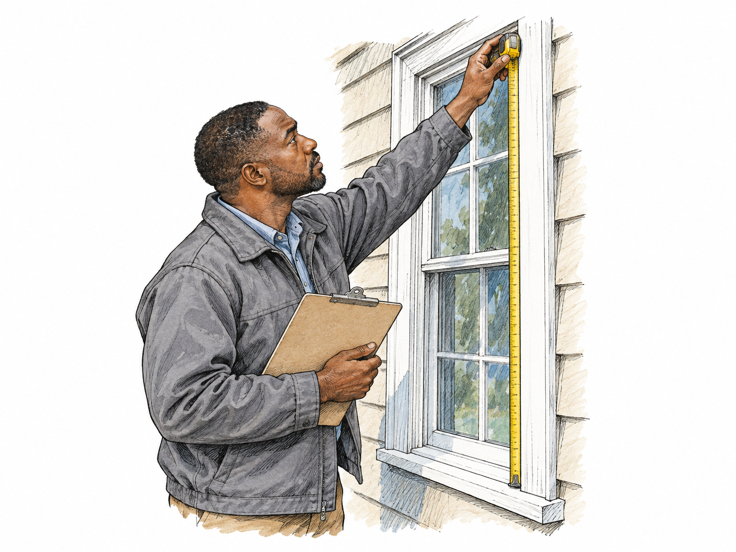 A professional property assessor measures an exterior window and inspects building condition while holding a plain blank clipboard.