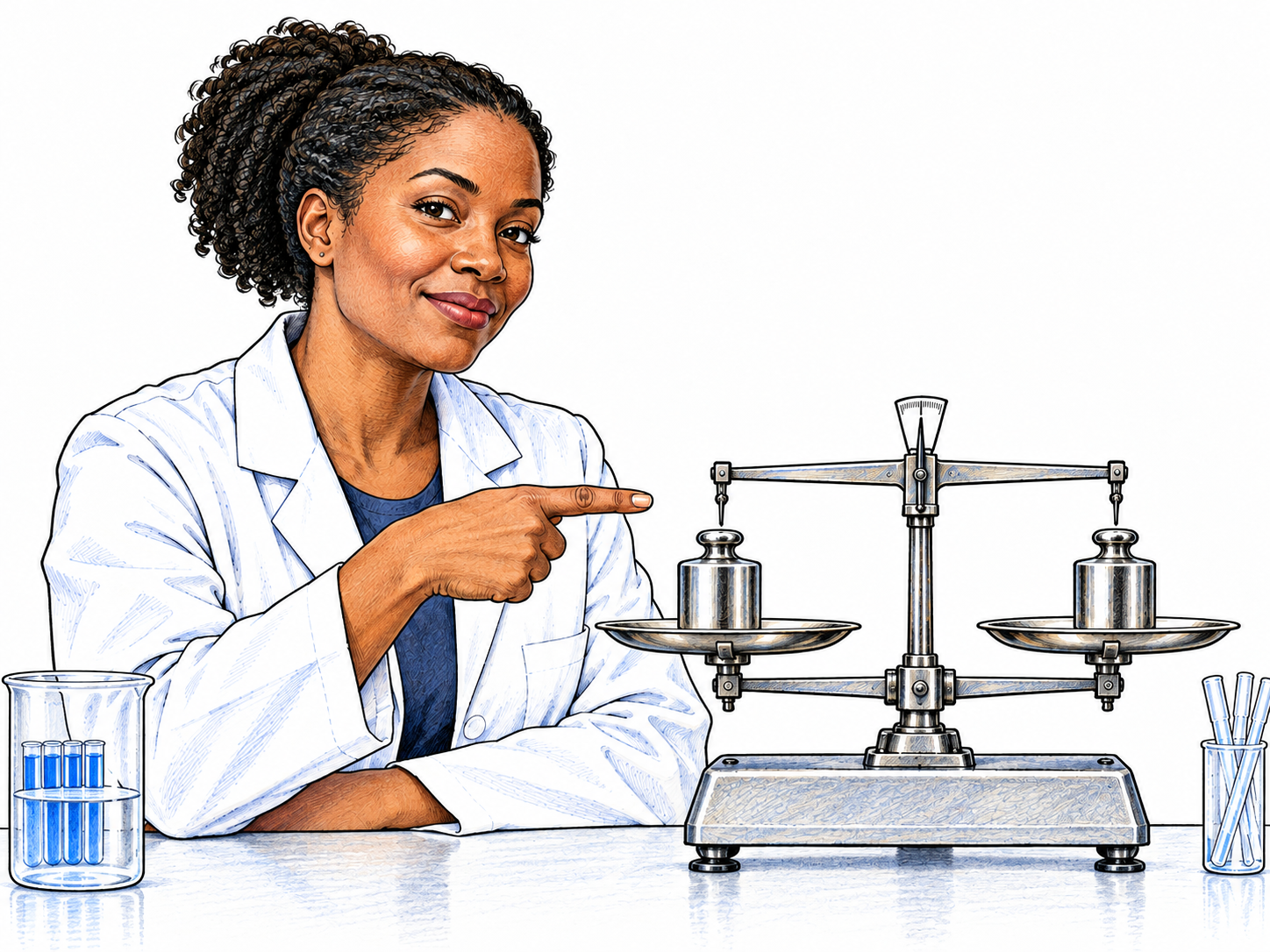 Scientist confidently points to clearly balanced identical weights on laboratory balance, verified result visible; assured face, no uncertain gesture, no labels.
