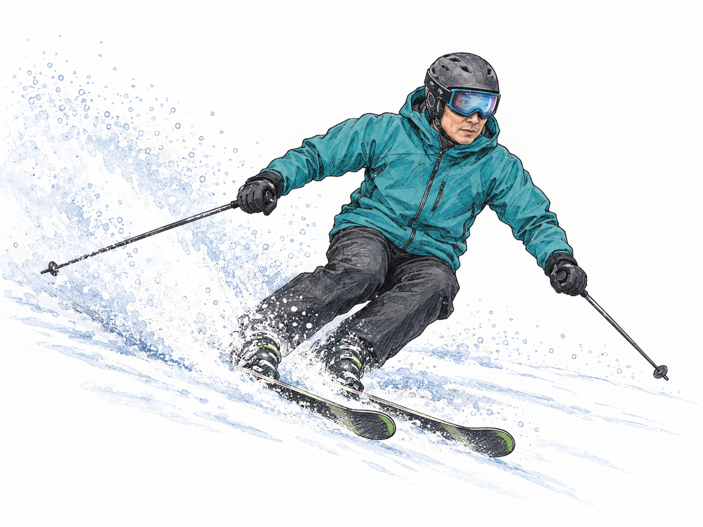 A skier swooshes past in a fast downhill turn, with skis cutting through powder and throwing a long, airy plume of snow behind him.