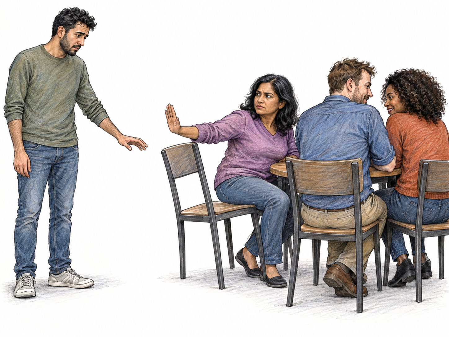 A young man is actively shut out of a small social gathering.