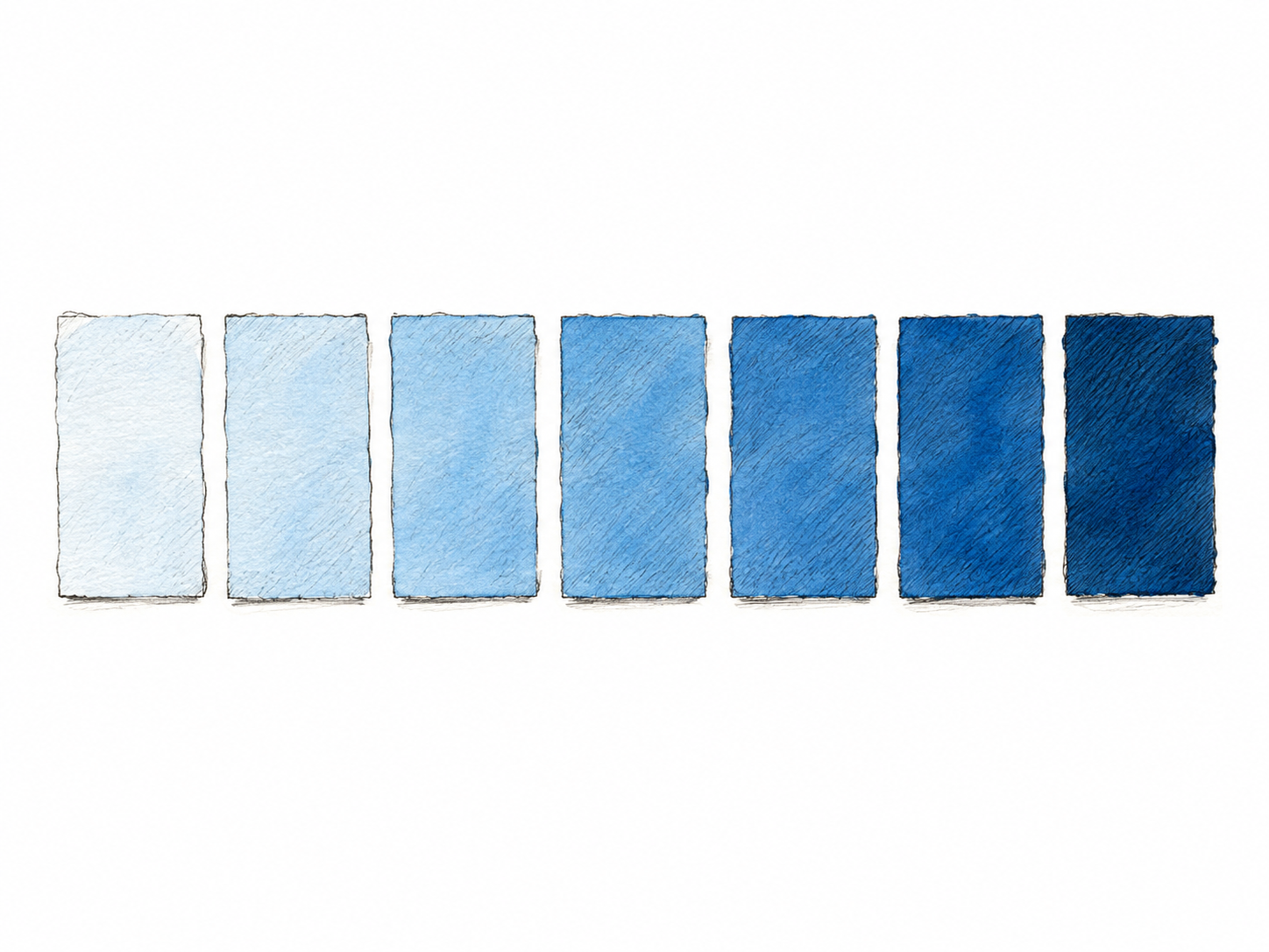 Seven equal paint sample chips arranged neatly in a row progress in small distinct stages from very pale blue to deep blue; each chip visibly a physical painted paper rectangle, no words or numbers.