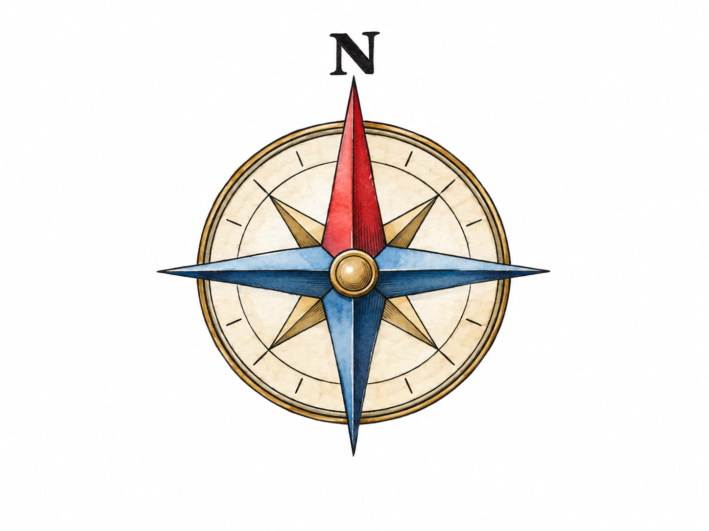 Simple compass rose with bold north arrow straight up and ONLY N at top.
