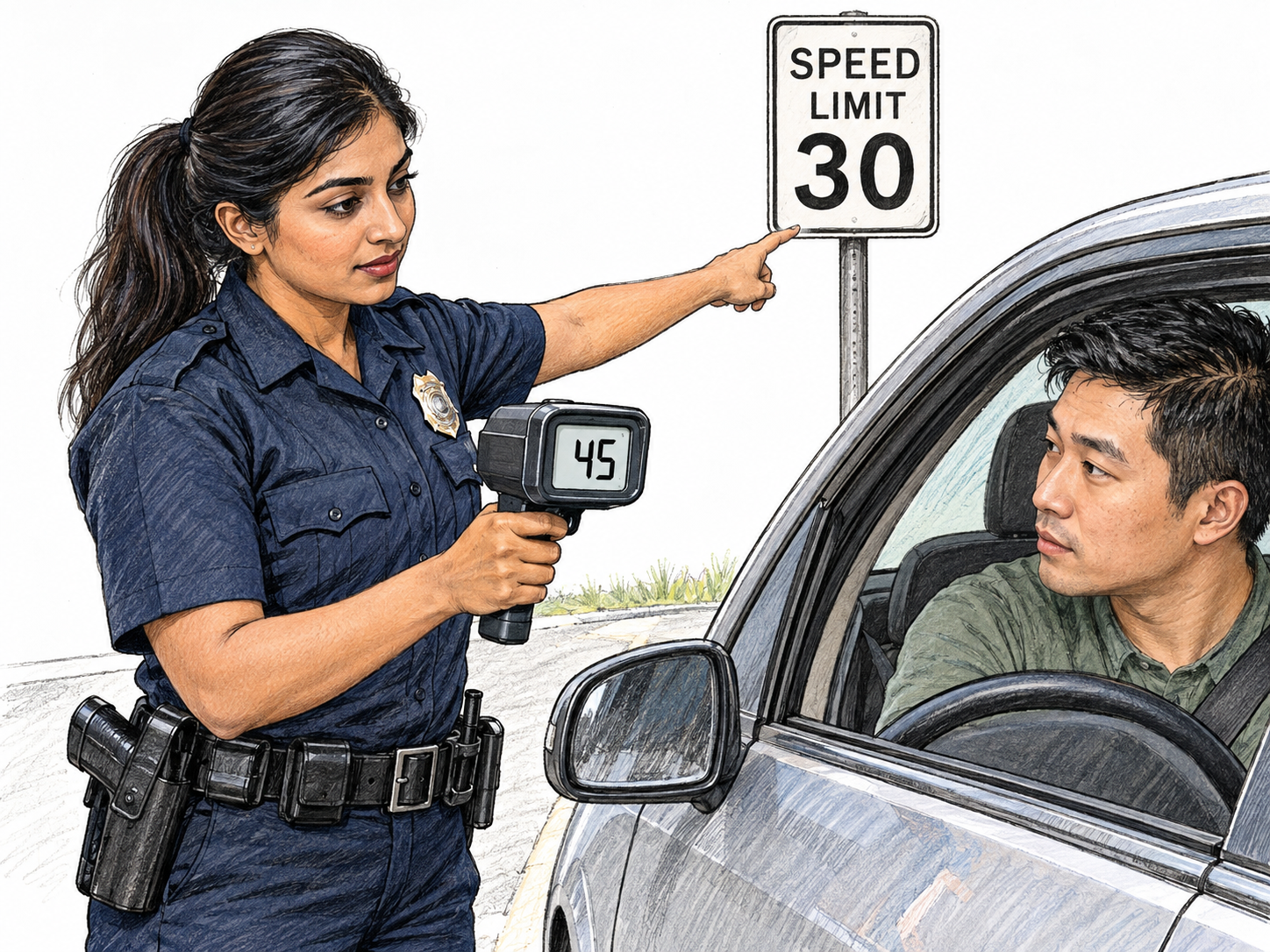A uniformed traffic officer enforces a posted speed limit: beside a stopped car, she shows the driver a radar reading of 45 while pointing toward a clearly visible SPEED LIMIT 30 sign.
