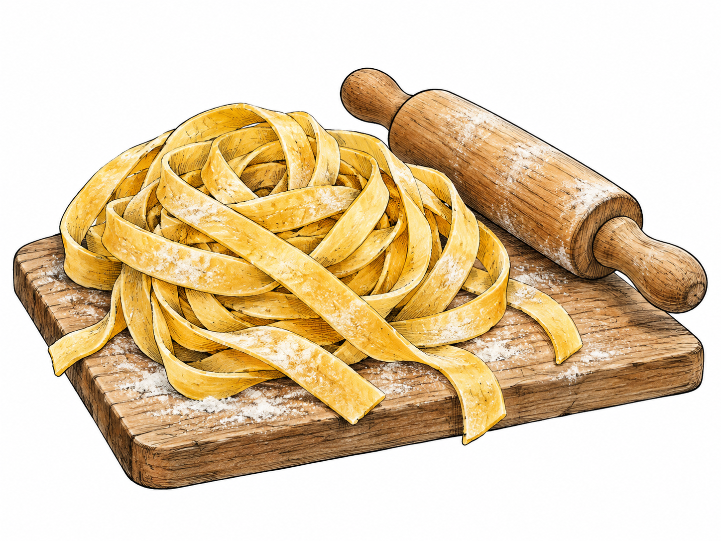 Fresh long flat ribbons of tagliatelle coil loosely on a wooden board beside a small rolling pin.