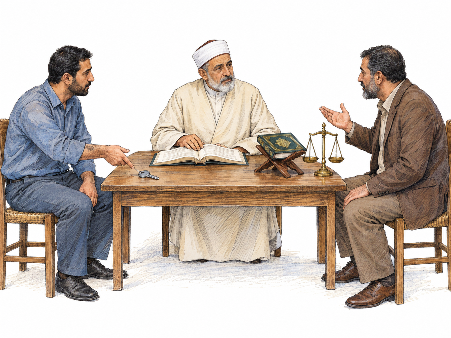 An Islamic legal scholar applies religious legal sources while mediating a property dispute between two adults.