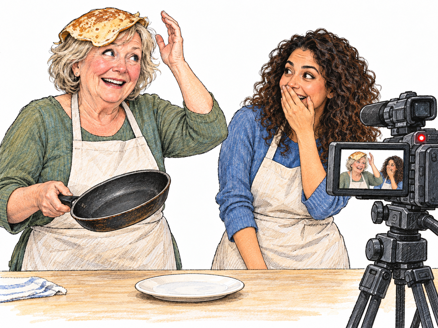 During a filmed cooking demonstration, a presenter accidentally flips a pancake onto her own head.
