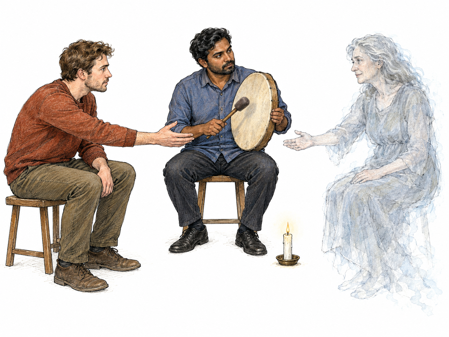 A contemporary spiritual practitioner performs a drumming ritual between a visitor and an illustratively represented spirit, making the practitioner's mediating role—not merely music or healing—the central action.