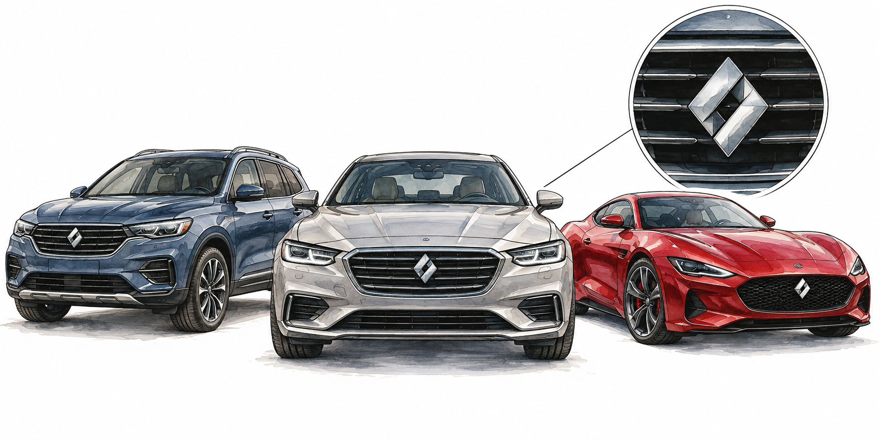 Three elegant unbranded cars displaying same invented simple geometric badge, close inset badge on grille conveys shared car brand.