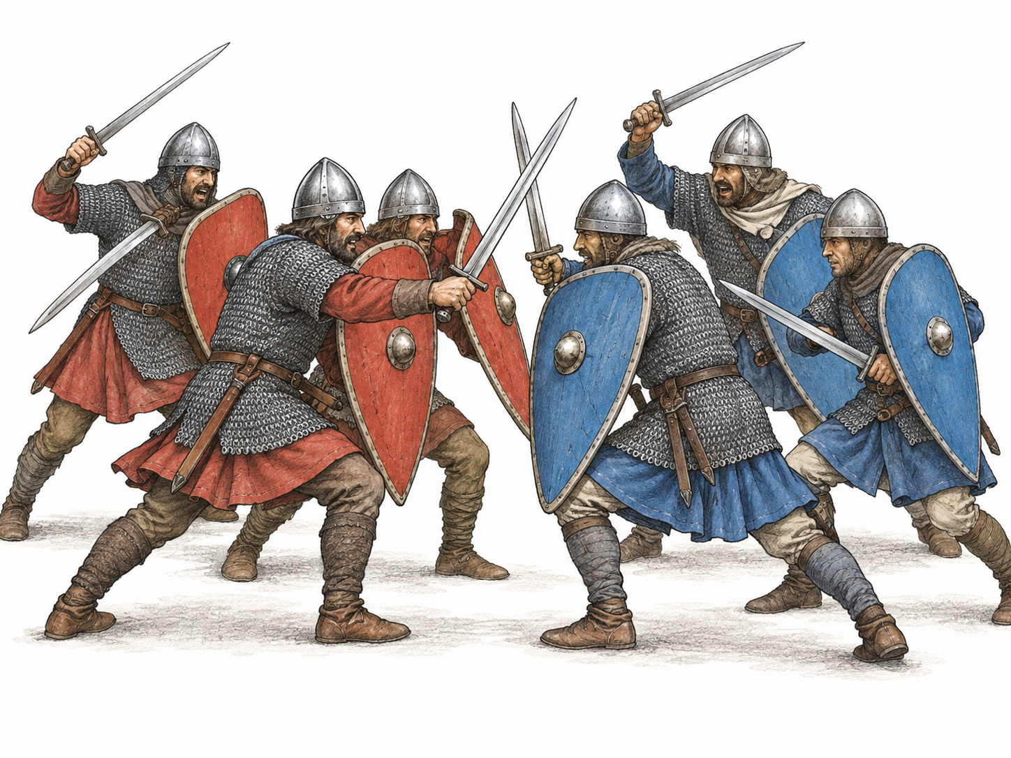 Non-graphic historical battle between two armed forces, three foot soldiers each side clash shields and raised swords at center, clear opposing directions and group conflict.