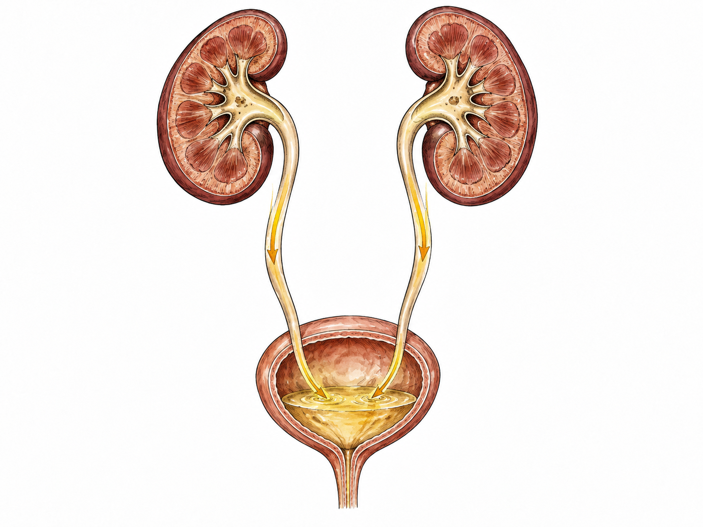 A clean non-graphic anatomical model of kidneys, ureters and bladder with subtle arrows showing waste-fluid passage, no external anatomy.