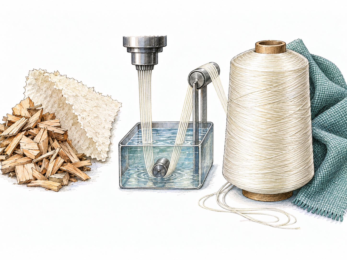 A compact, text-free material-to-fiber sequence: chipped wood and fibrous pulp, wet-spun continuous filaments, then a wound rayon bobbin with loose fibers and a softly draped woven sample.