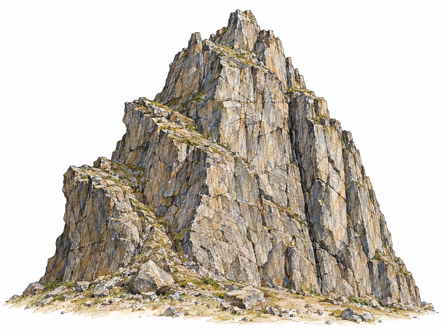 A single steep, rugged rock outcrop with a jagged summit, fractured near-vertical faces, and a few loose stones at its base.