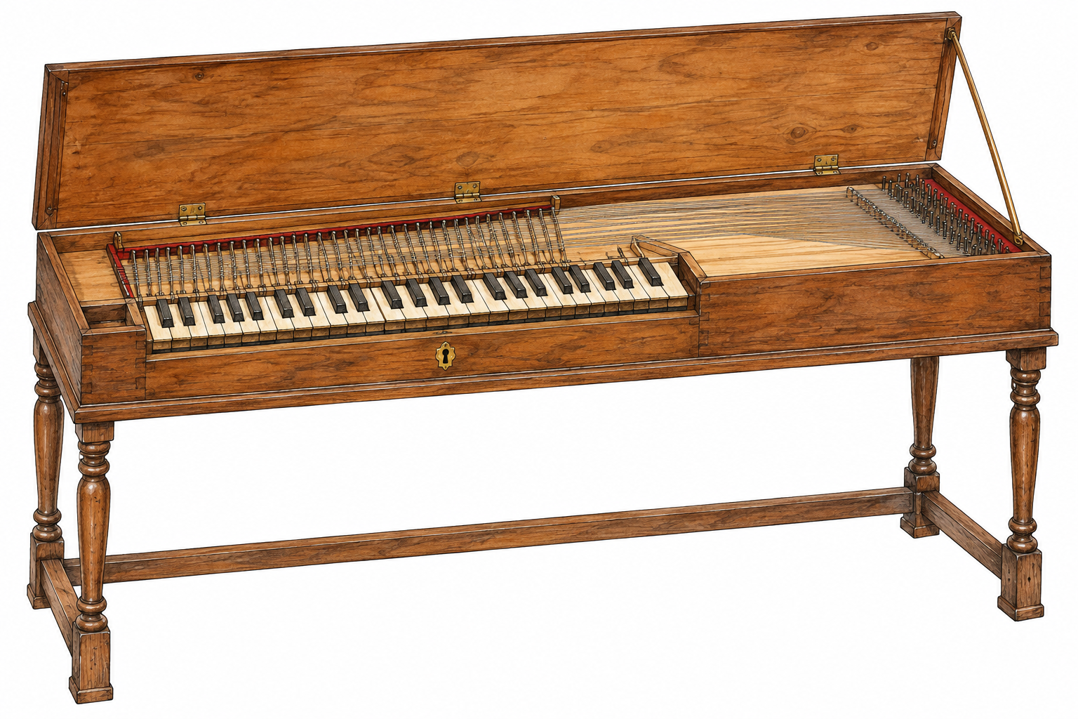Elegant early clavichord keyboard instrument on wooden stand, open lid shows strings.