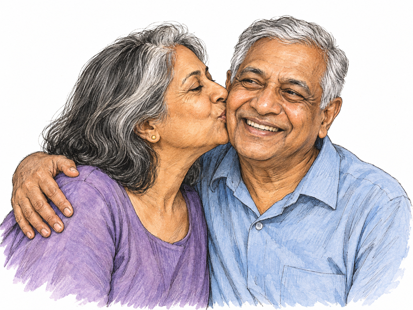 An older woman gives her similarly aged male partner a playful kiss on the cheek; his delighted grin and their relaxed embrace make the affection immediately visible.