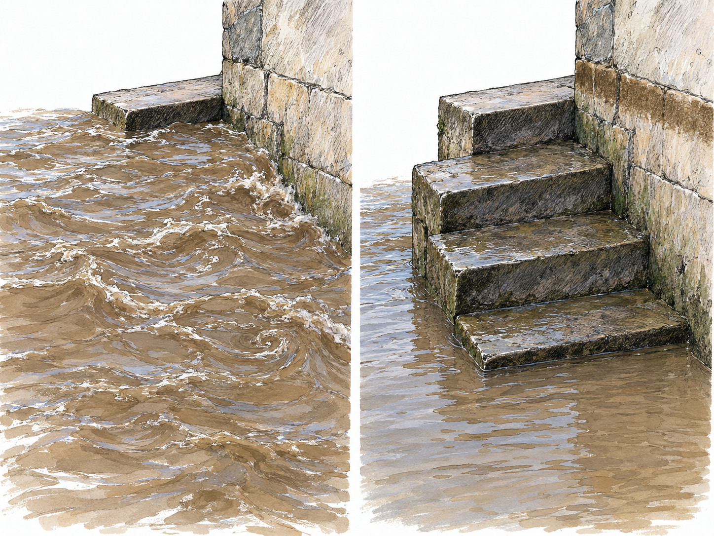 A text-free before-and-after diptych shows floodwater subsiding around the same short flight of stone steps: turbulent high water nearly covers the steps on the left; lower, calmer water exposes the wet steps on the right.