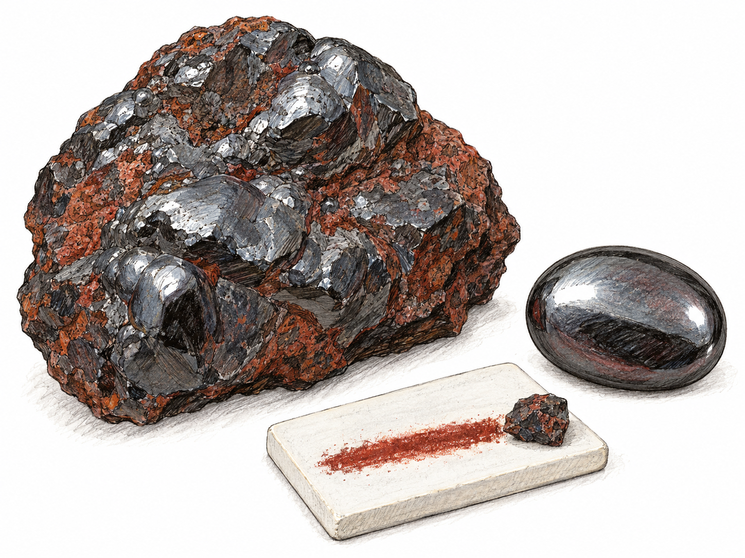 A rough reddish-black hematite specimen beside a polished hematite cabochon and an unglazed white streak plate bearing its characteristic rust-red mineral streak.