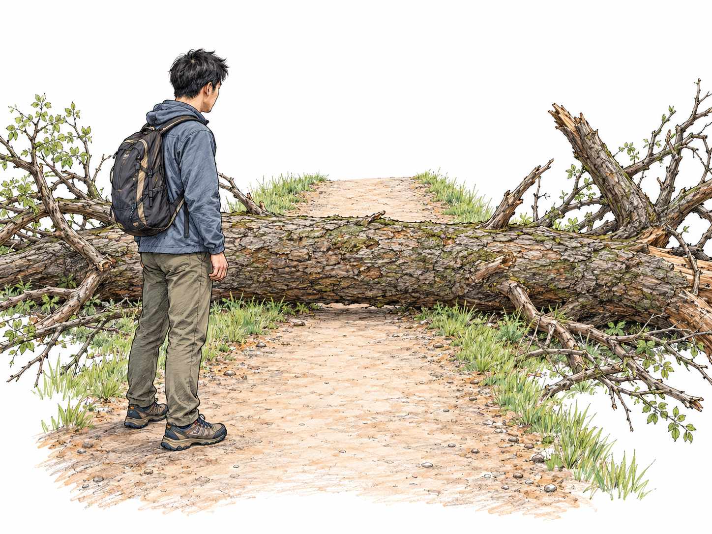 A fallen tree lies across a narrow footpath, completely obstructing the route of a walker who has stopped immediately before it.