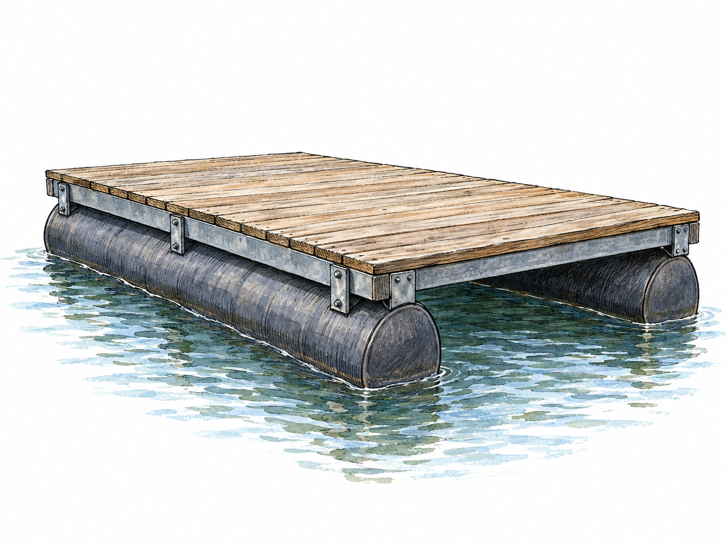 A small floating dock viewed from a low three-quarter angle, with its deck visibly supported by two large buoyant pontoons.