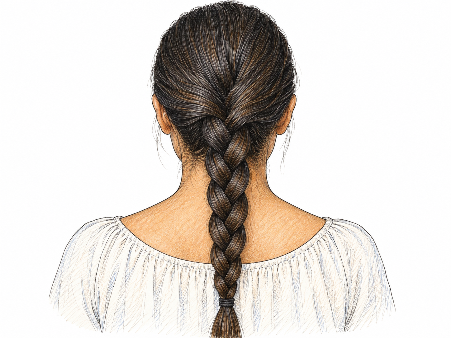 A clear three-strand braid of hair is shown on the back of an adult head, with the three interwoven locks easy to trace; natural hair and no extra strands.