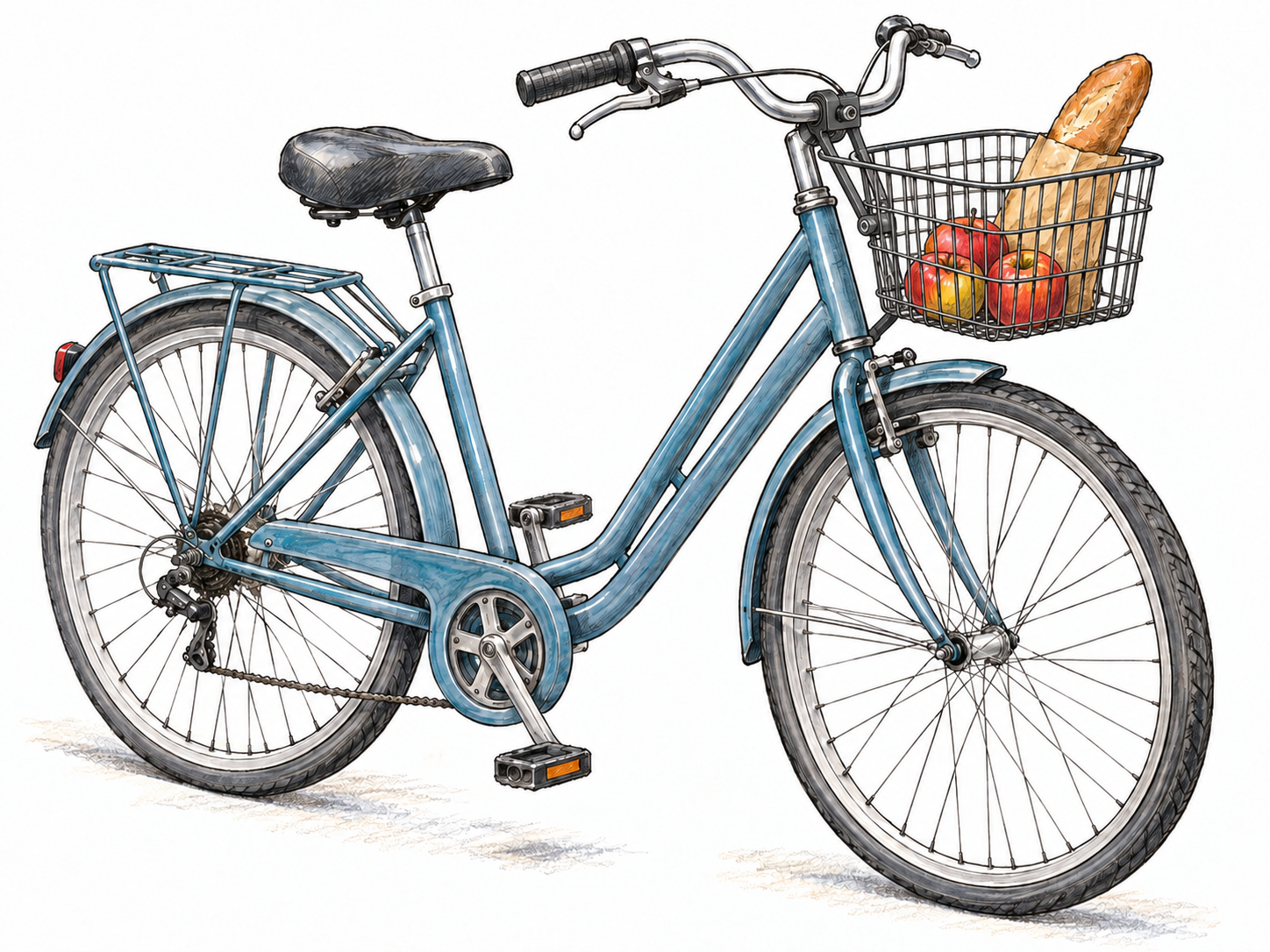 A complete bicycle with a small removable handlebar basket carrying groceries: the bicycle is the main object, while the visibly attached basket provides a useful secondary function.