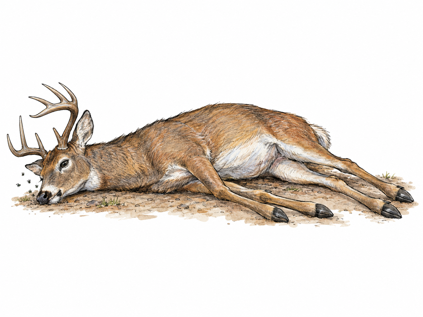 A dead deer lying on its side, its head resting limply on the ground, eyes open and legs stiffly extended; a few flies near its muzzle distinguish the carcass from a sleeping animal without graphic injury.
