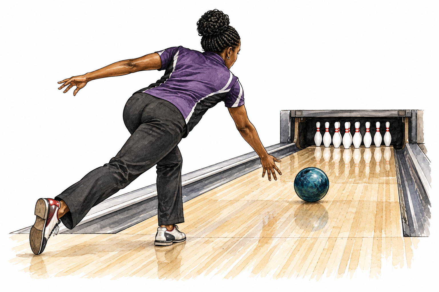 Black woman ten-pin bowler releases bowling ball toward arranged pins, plausible alley perspective.