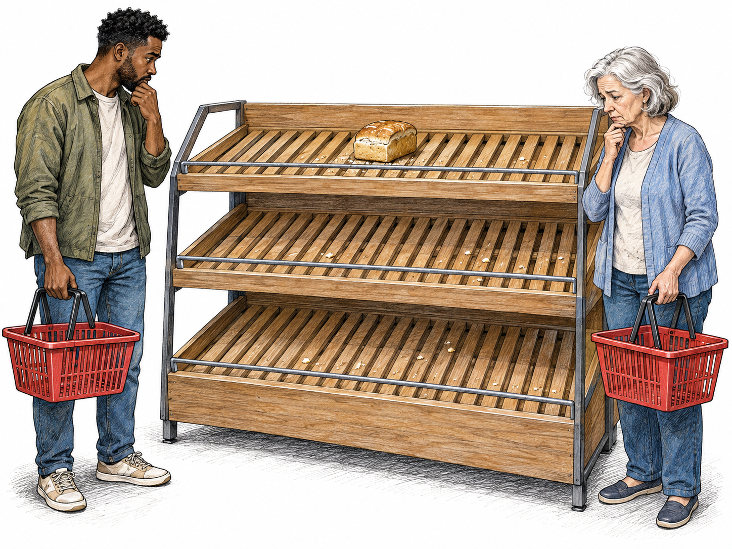 Two shoppers face a nearly empty bread display: only one small loaf remains, while both shoppers hold empty shopping baskets.
