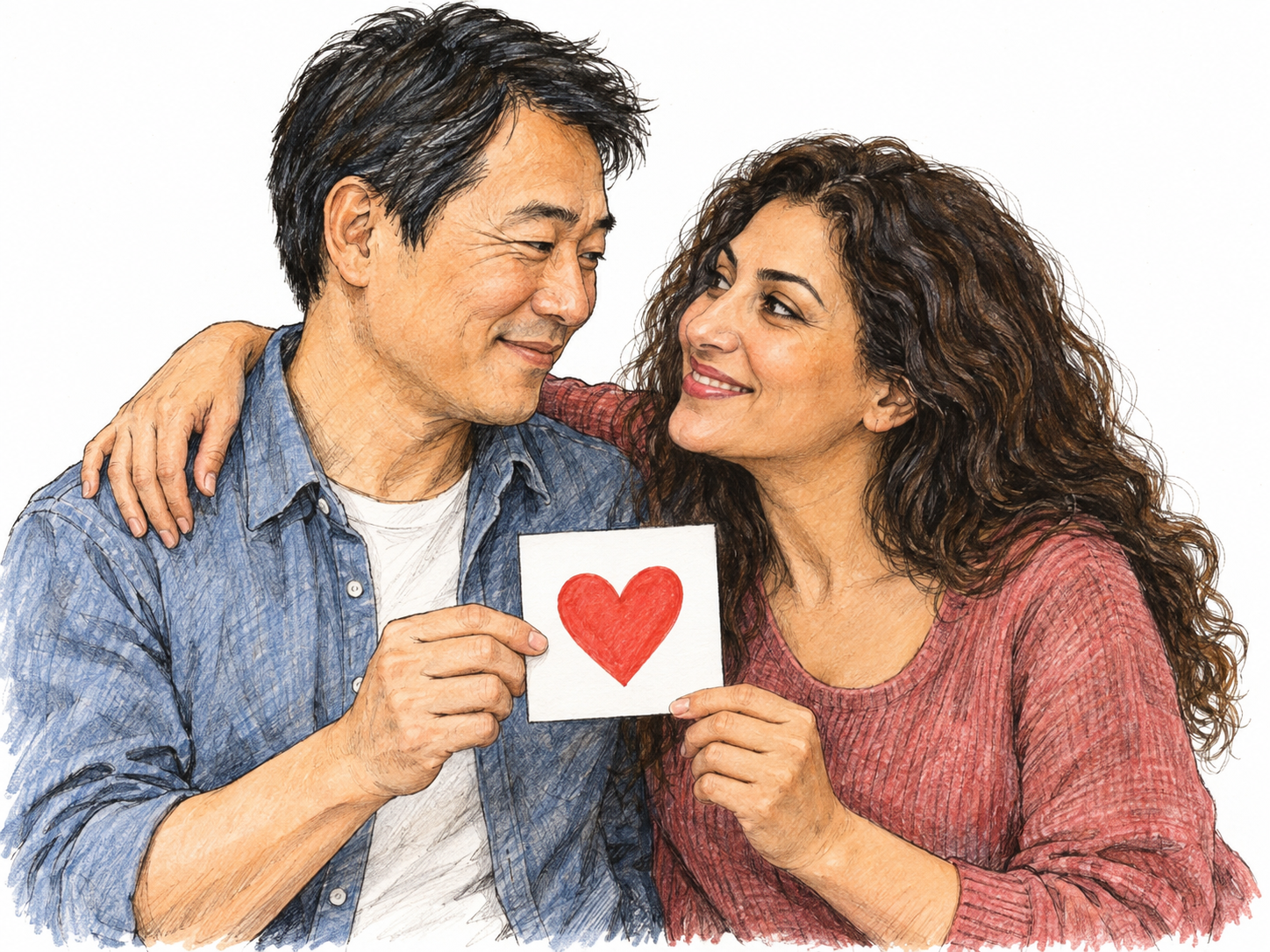 A couple exchange an affectionate embrace while holding a small card bearing a single large red heart between them.