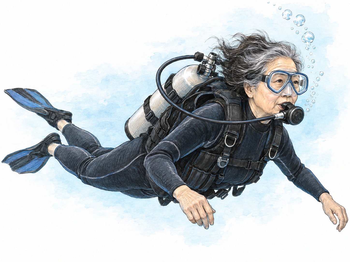 An underwater side view of a swimmer using a clearly visible back-mounted air cylinder, hose and mouth regulator, with exhaled bubbles emphasizing the breathing equipment.