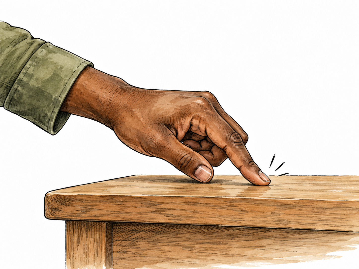 A Black adult lightly taps a tabletop with one fingertip, tiny motion marks.