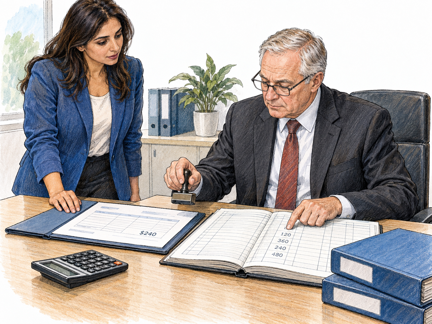 A financial official checks a proposed outgoing payment against institutional account records before authorizing it, while a colleague waits for the decision.