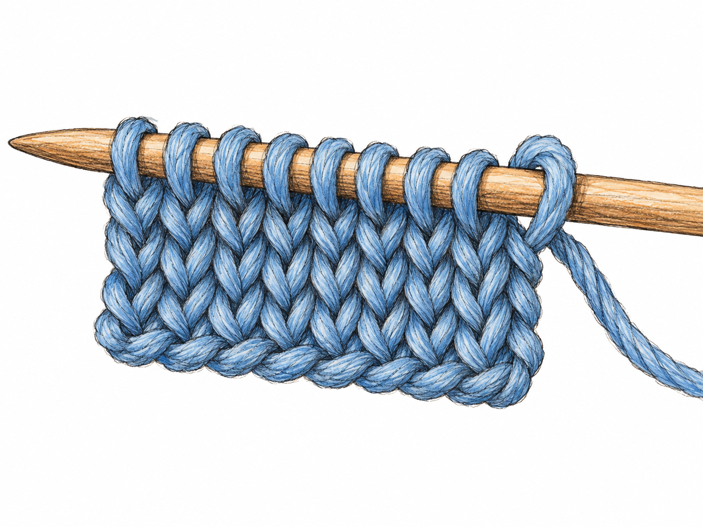 A close-up of a small knitted swatch on a knitting needle, with one loose edge stitch clearly visible as a continuous loop of yarn around the needle.