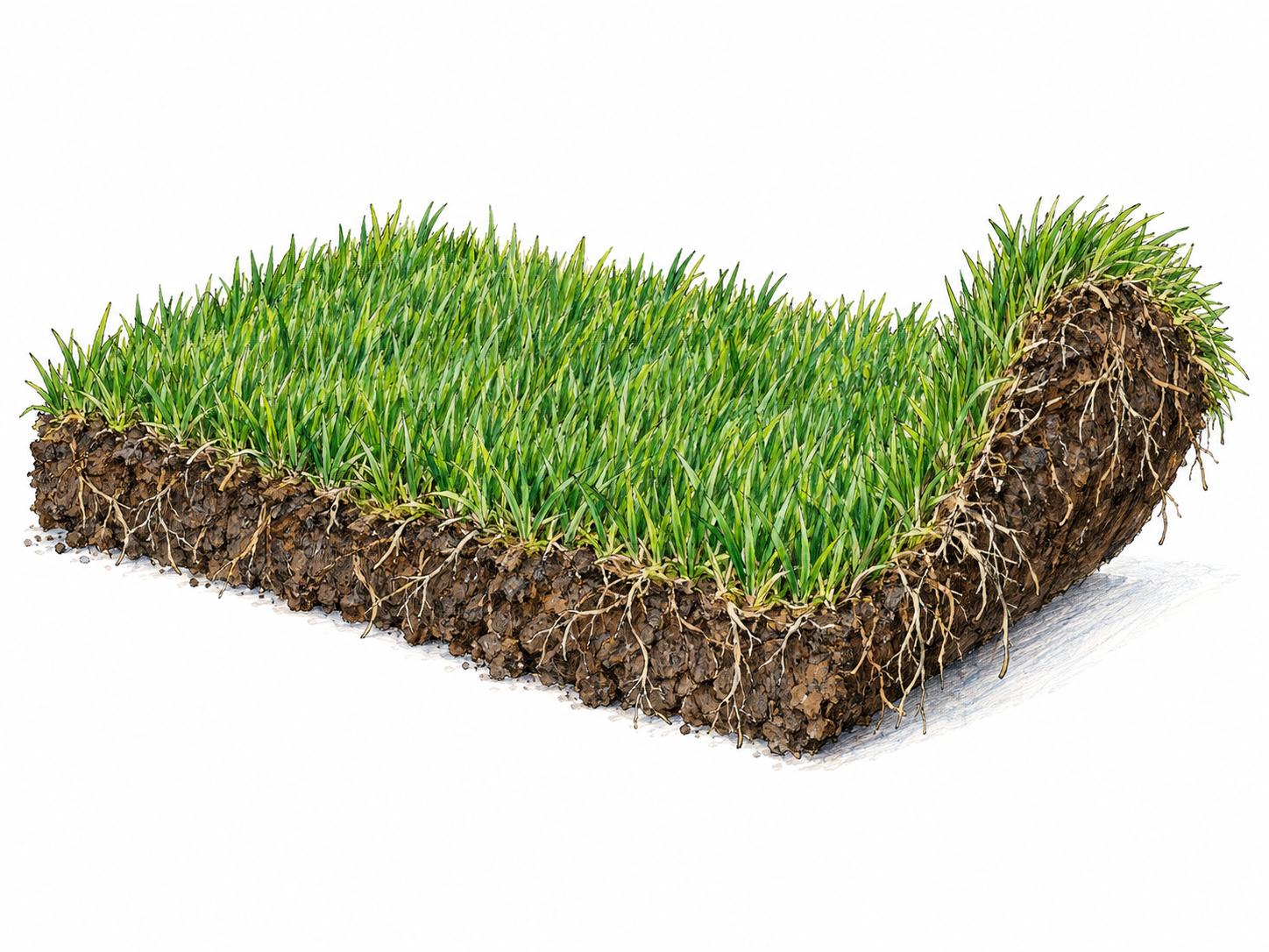 A thick rectangular piece of living turf, with green grass above a clearly exposed layer of dark soil and tangled roots; one end curls gently upward.