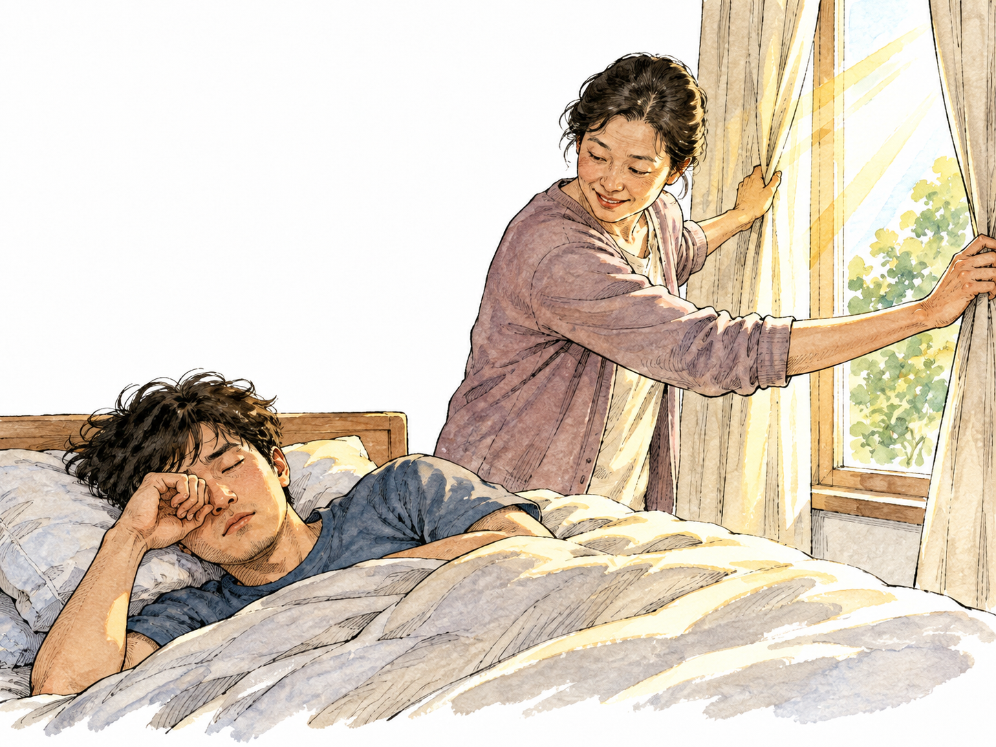 An East Asian parent gently wakes a drowsy adult child by opening curtains to morning light.