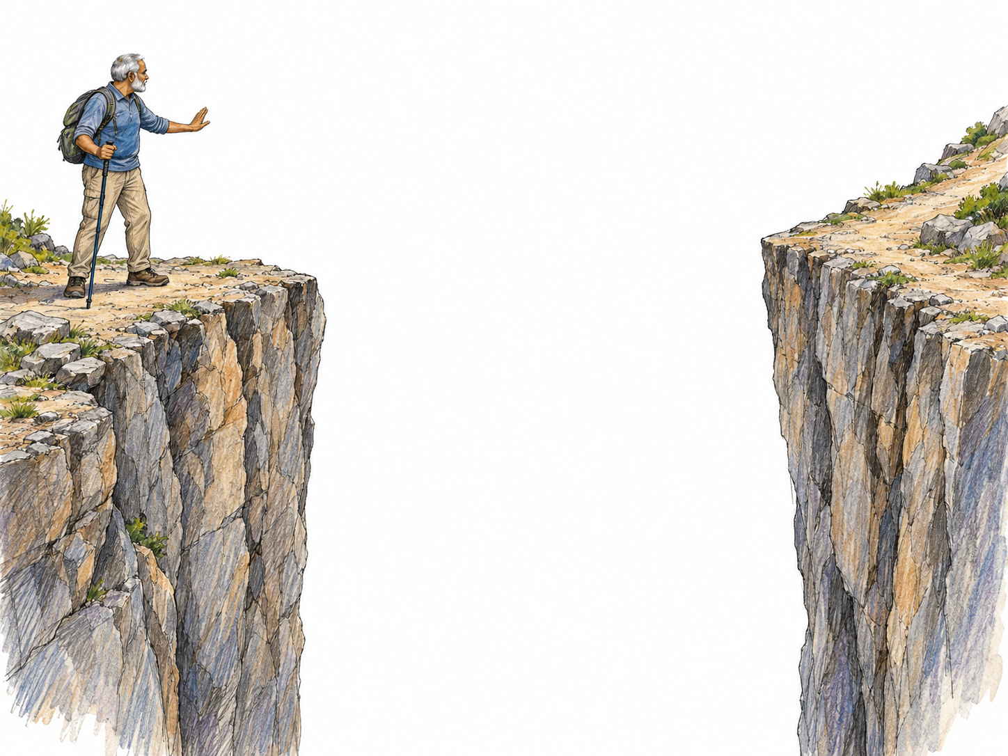 An older hiker reaches a trail cut off by an immense chasm.