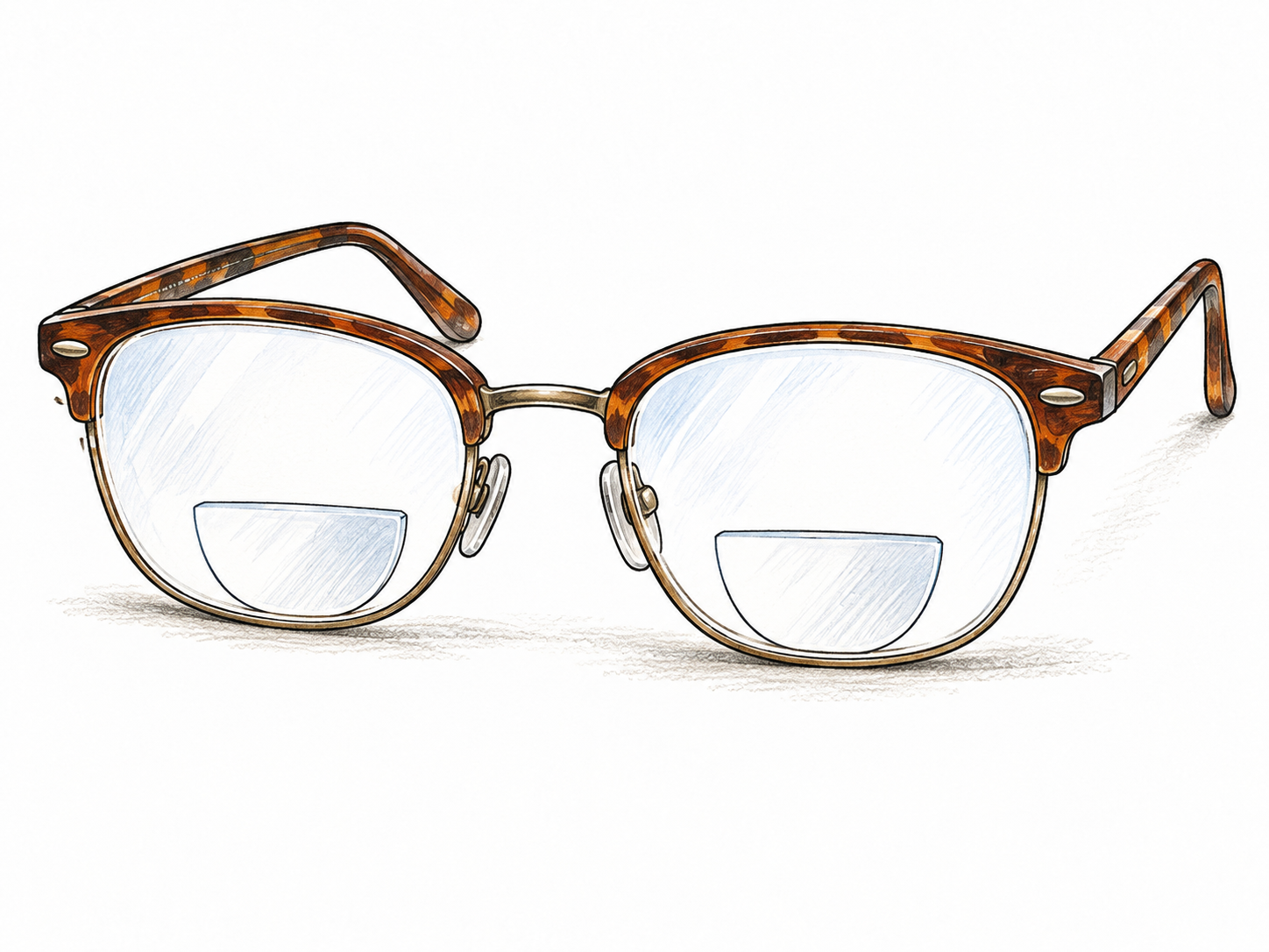 A pair of bifocal eyeglasses on plain surface, each lens visibly has a small lower D-shaped near-vision segment within the larger lens, no labels.