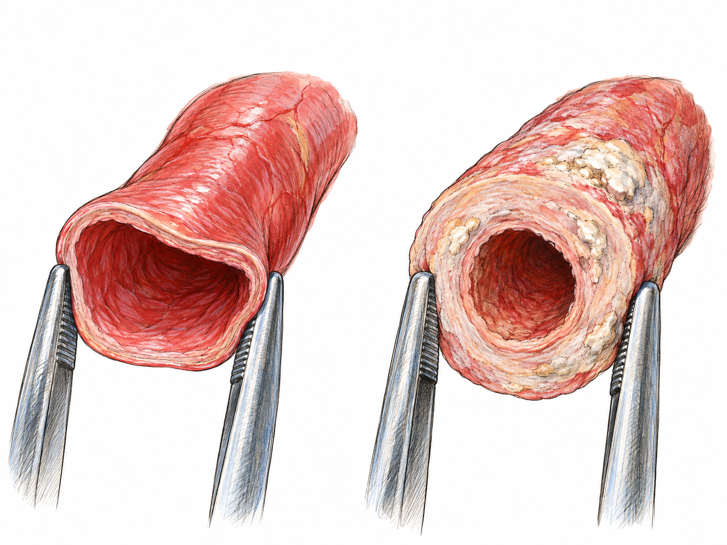 A close-up comparison of two arterial tissue specimens: a healthy, supple artery visibly yields under forceps, while a diseased artery with a thickened, calcified wall stays rigid under the same gentle compression.