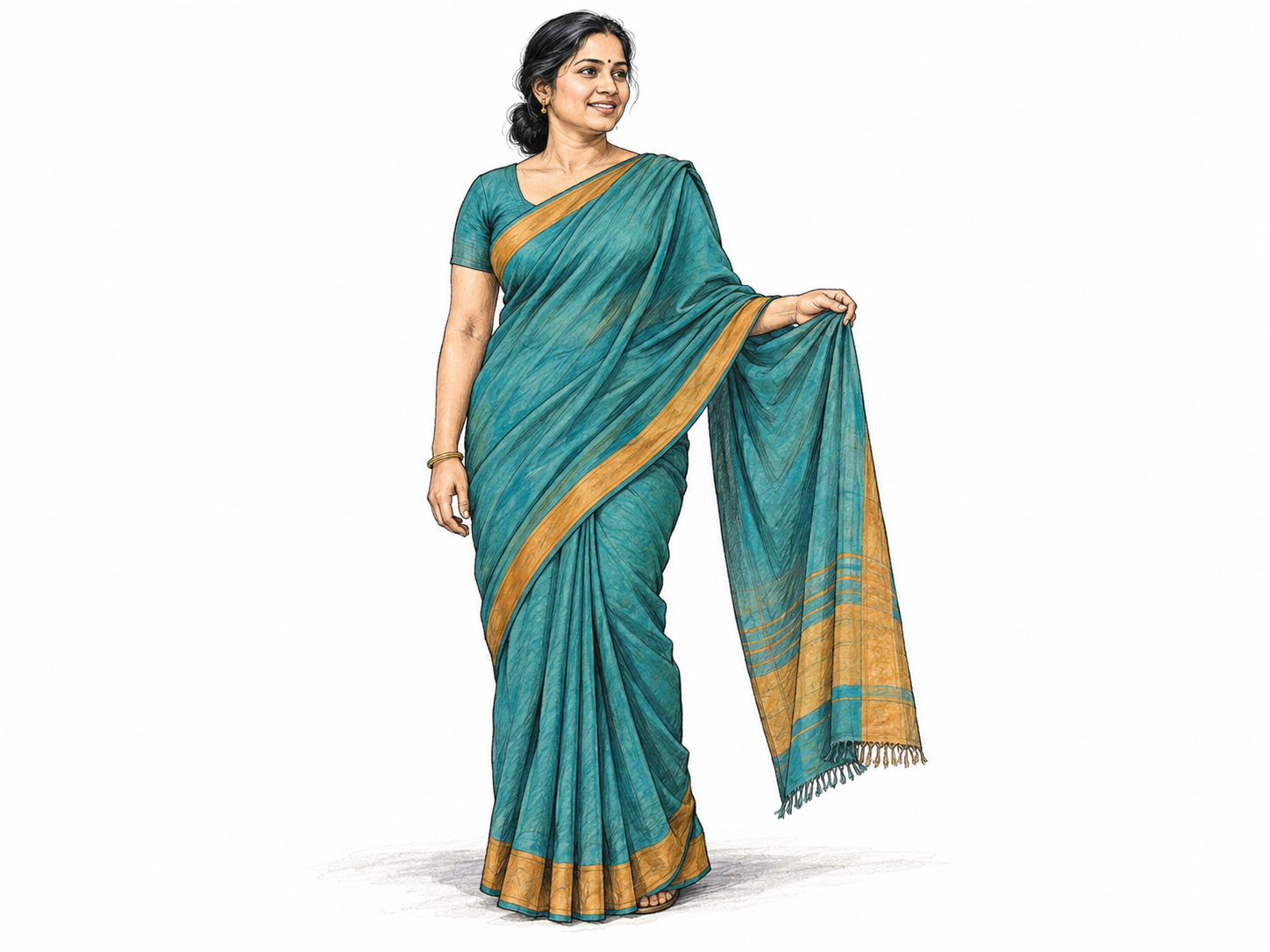 A full-length woman wearing a sari, with the waist pleats and long shoulder drape clearly visible against white ground.