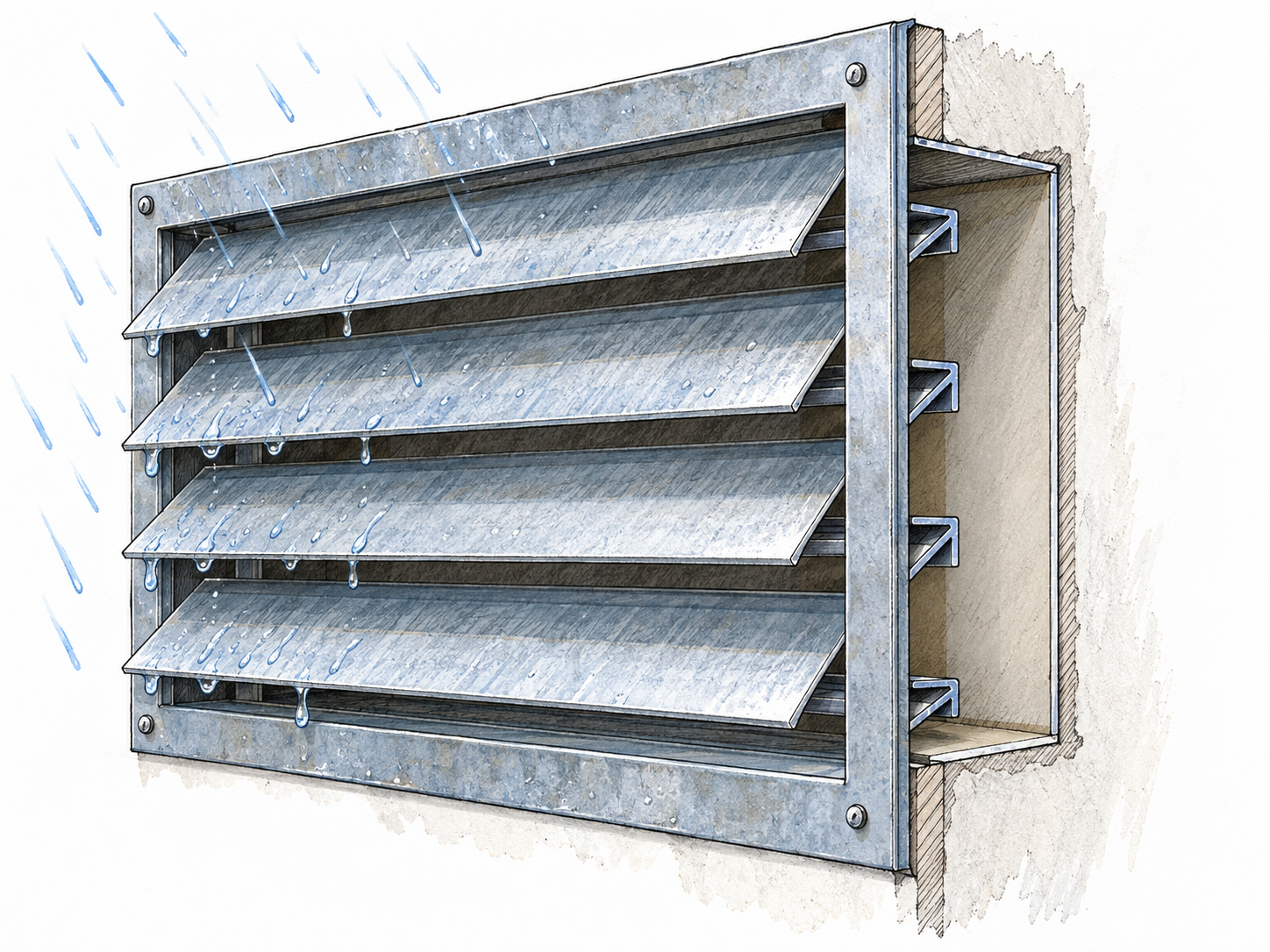 A close three-quarter cutaway view of a wall louver: overlapping downward-sloping slats shed exterior rain while leaving clear, open air passages into the dry interior.