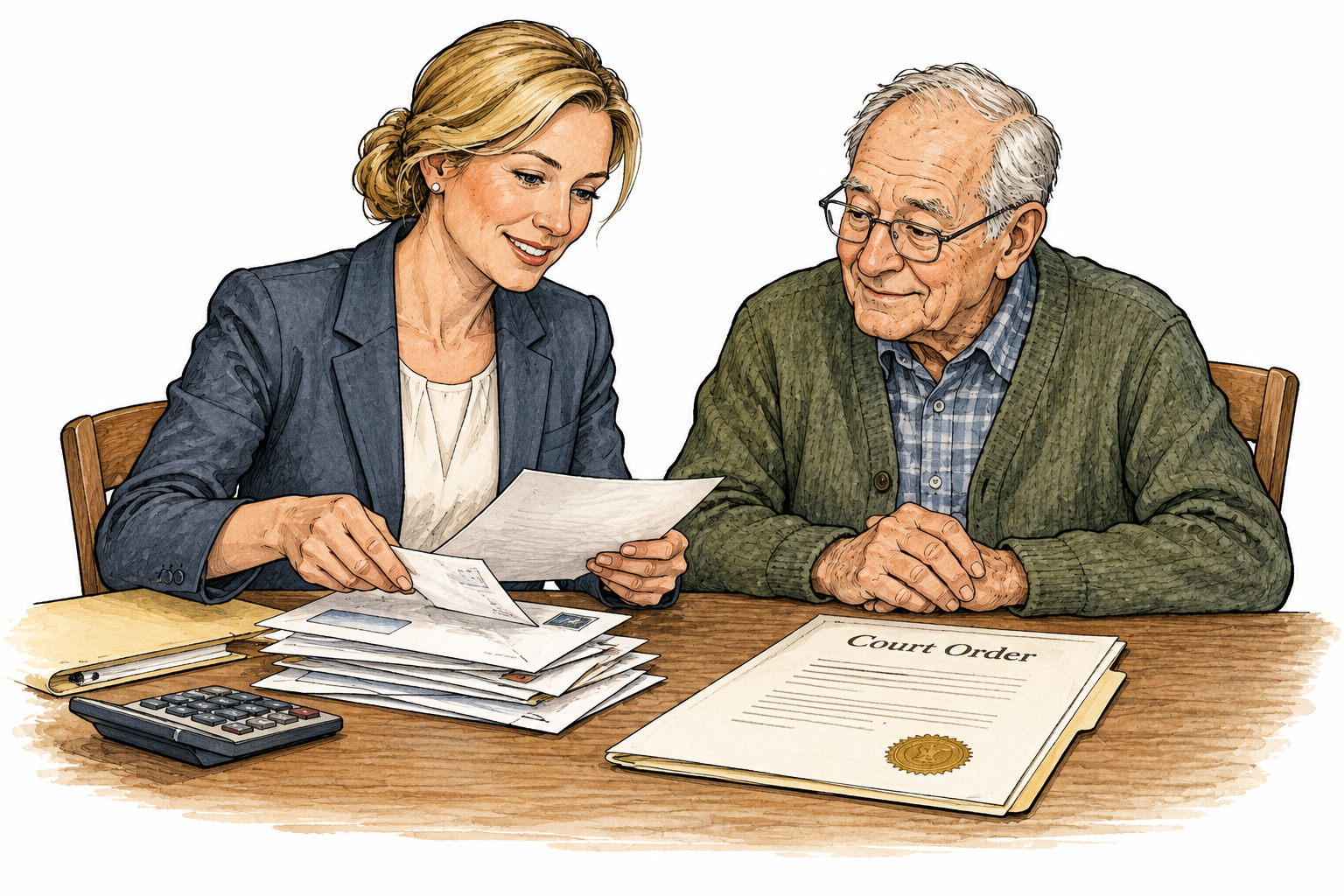 A legally appointed white female conservator organizes an elderly man's bills beside him, official appointment document headed 'Court Order', respectful cooperation.