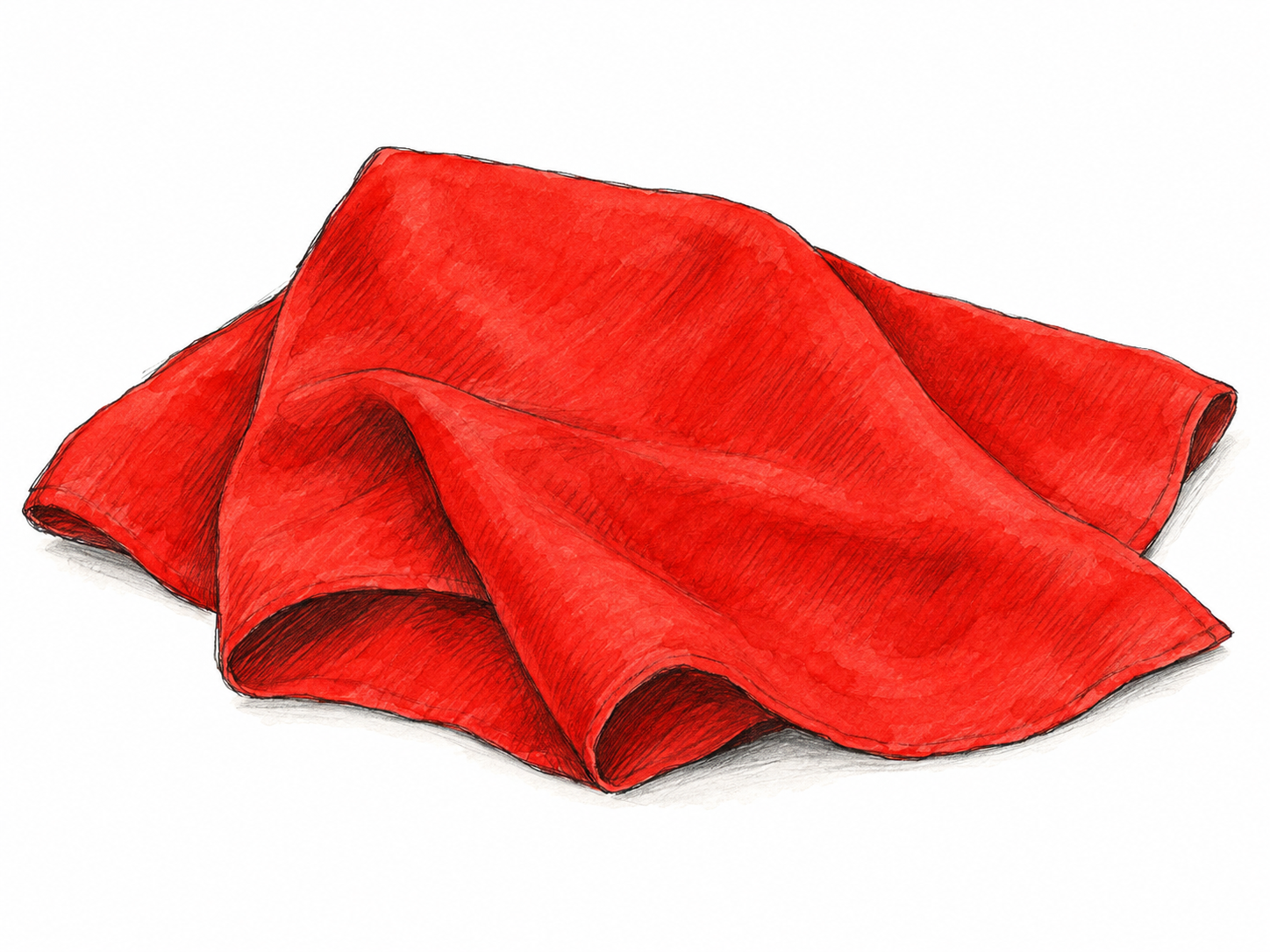 A loosely folded piece of vivid scarlet cloth, with a broad bright-red surface and a few clearly drawn folds, isolated on white.