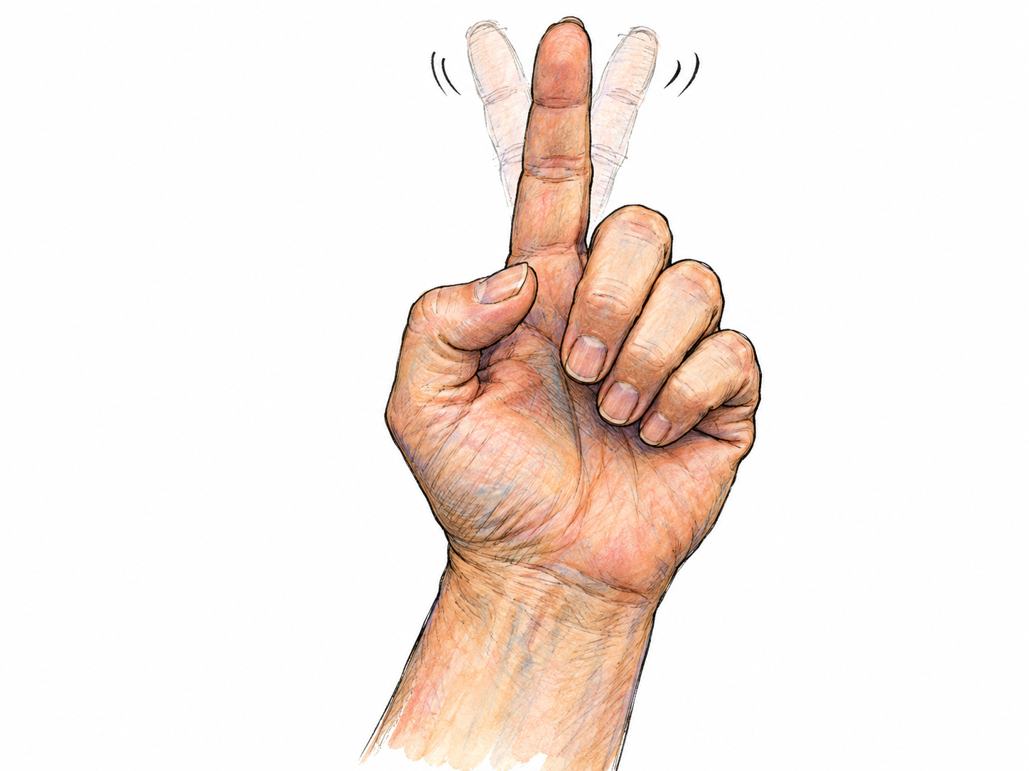 A close-up of a woman's raised hand with its index finger wiggling through a small side-to-side range.