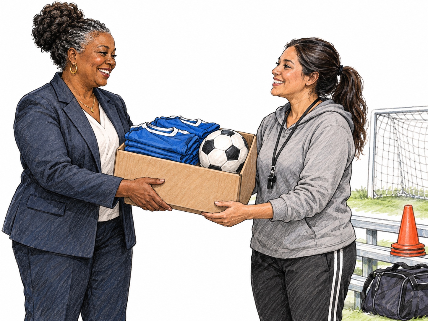 A sponsor hands the coach a box of plain team jerseys and a new ball, while the coach gratefully accepts; practical material support, no logos or giant money symbols.