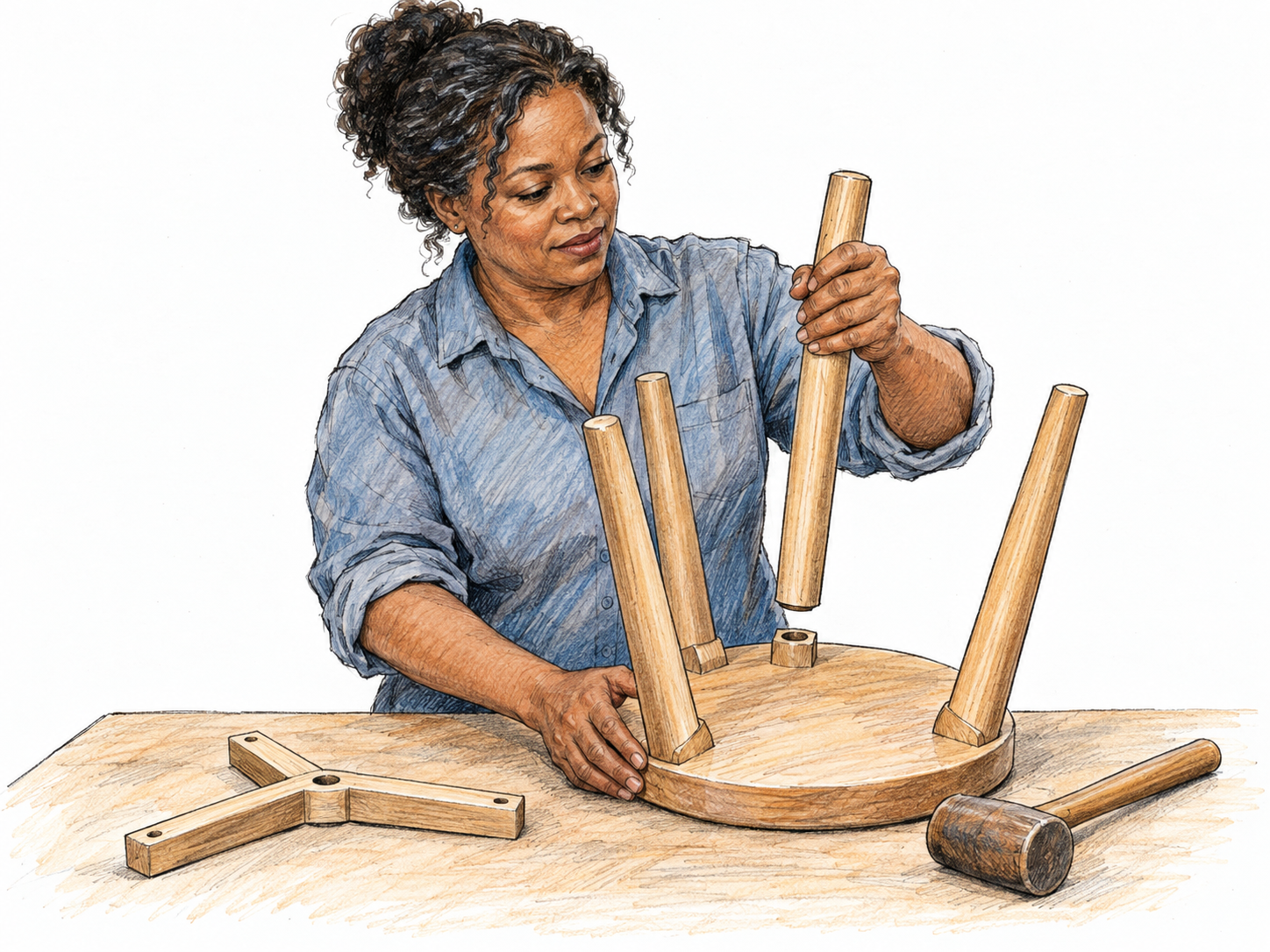 A middle-aged Black woman fabricates a small wooden stool by fitting its final leg into the seat, with the remaining components and a simple tool visible on a sparse workbench.