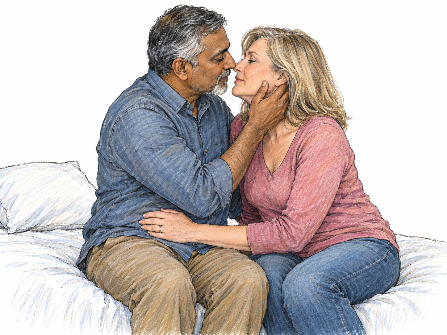For “erotic,” meaning “relating to sexual desire or arousal”: a restrained, non-explicit scene of mutual adult desire, with a fully clothed couple leaning toward an anticipated kiss on the edge of a bed.