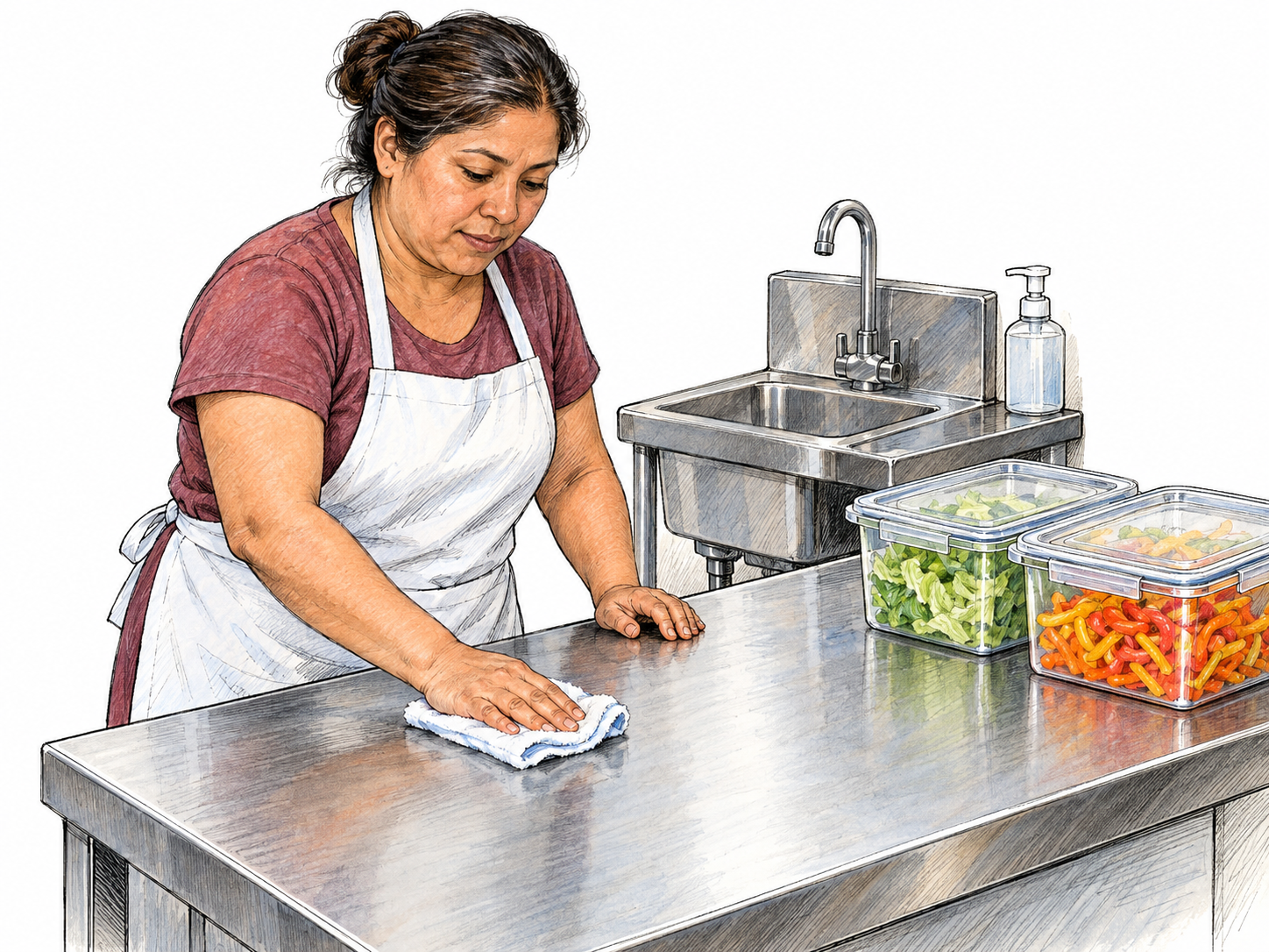 A hygienically maintained food-preparation station: a worker wipes a spotless stainless-steel counter beside covered food containers, with a separate handwashing sink and soap dispenser.