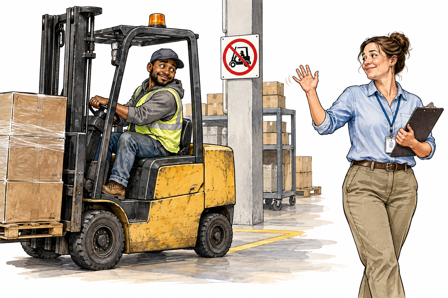 A supervisor notices a worker breaking a small workplace rule but knowingly waves it off, tolerating wrongdoing.