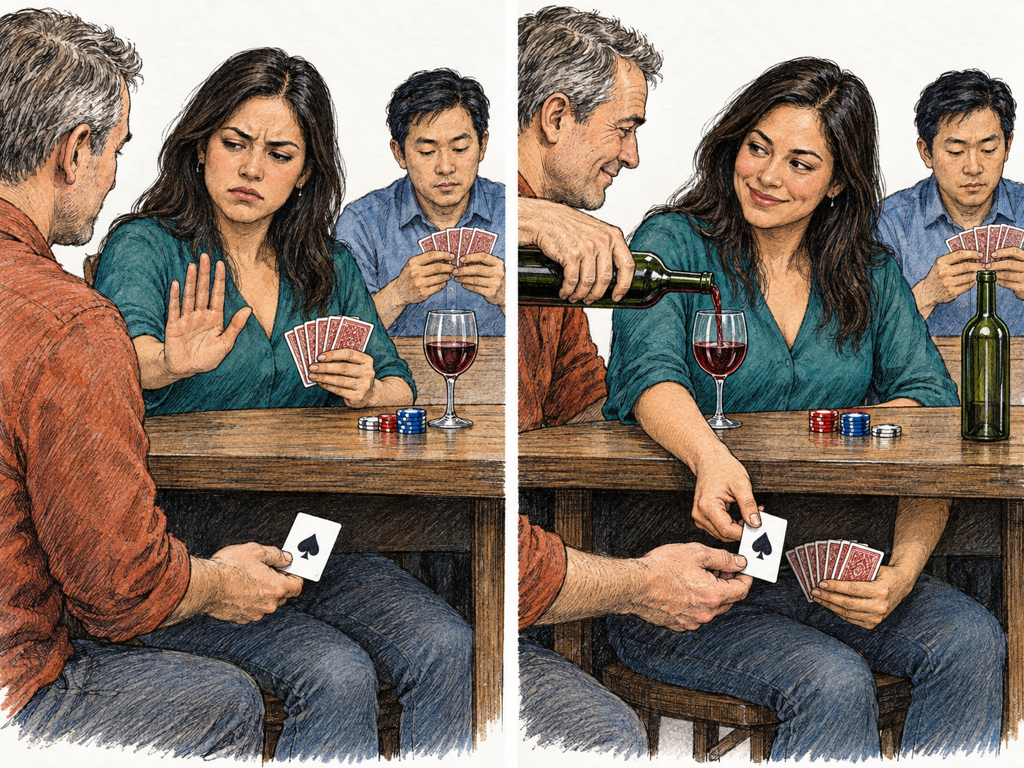 Two panels show a woman initially refusing a covert ace, then accepting it while wine is poured.
