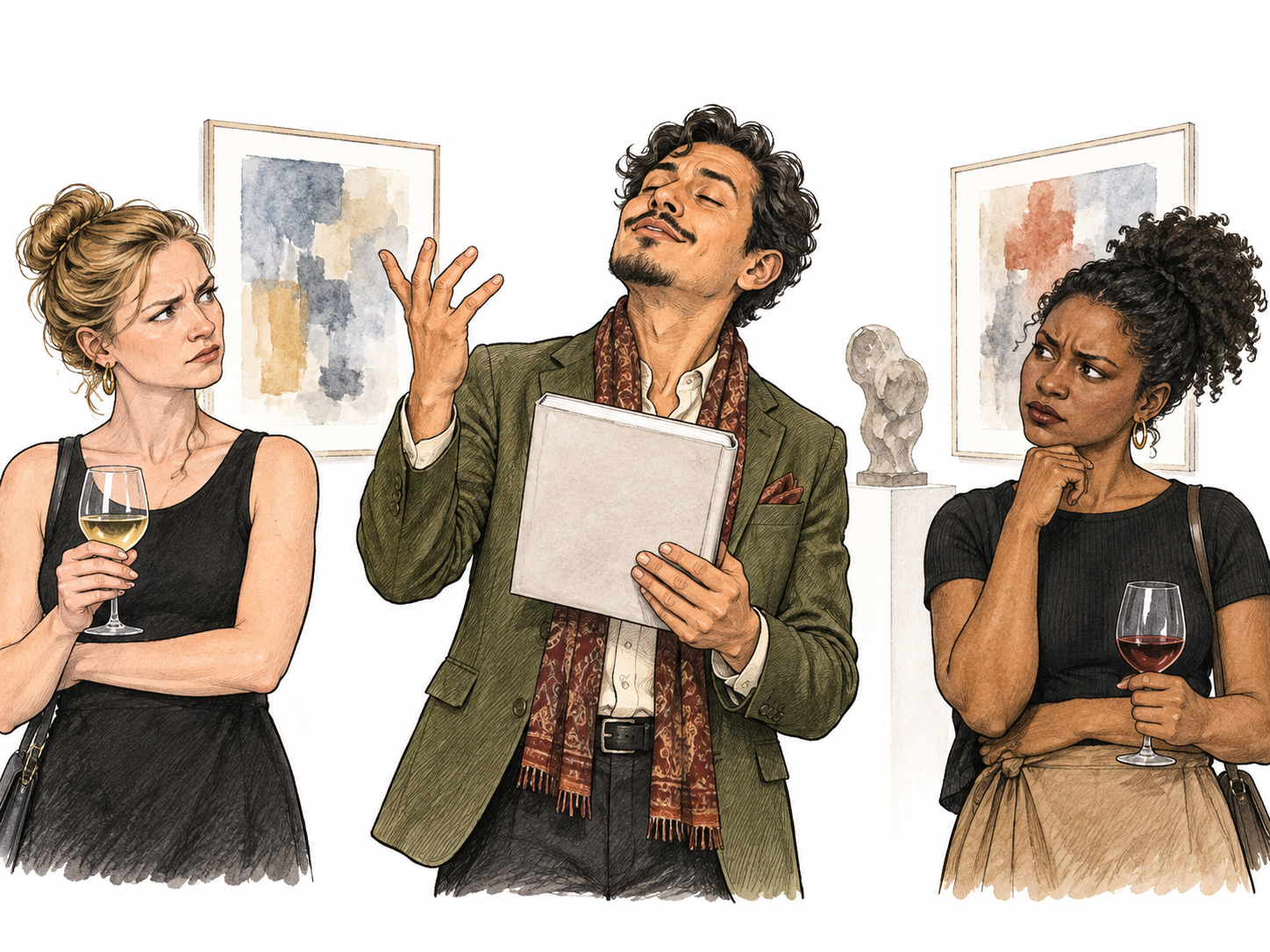 Adult ostentatiously displays an upside-down blank art book at a small gallery gathering while making a grand cultured gesture, companions skeptical.